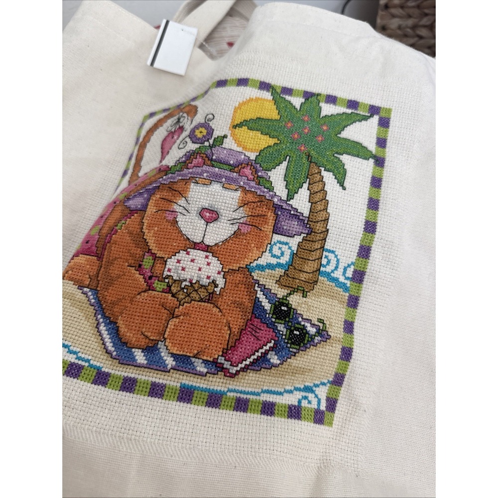 Handmade Cat Lady‎ Tote Bag Cross-Stitch Completed Travel Shopping Weekend 14x15